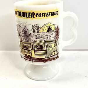 My Trailer Coffee Mug Tea Cup 2 Finger Grip Handle Milk Glass Made In USA